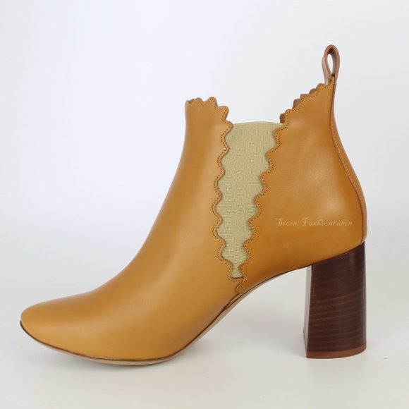 NEW CHLOÉ Scalloped Leather Ankle Boots - Block Heel Booties for Work or Brunch - Picture 5 of 14
